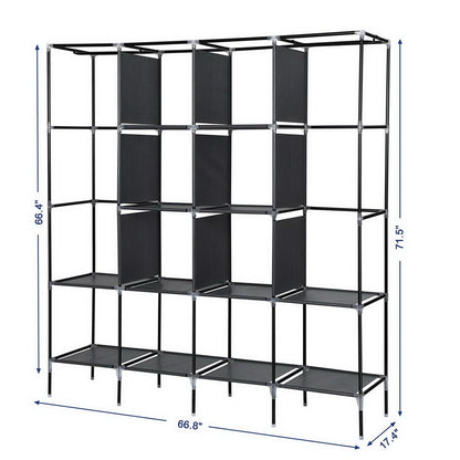 67" Clothes Closet Portable Wardrobe Clothes Storage Rack 12 Shelves 4 Side Pockets Gray