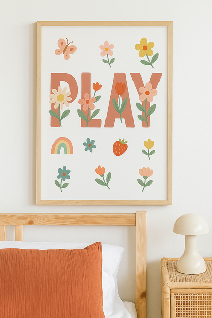 PLAY Playroom Wall Art – Floral Rainbow Print for Kids' Rooms or Nurseries