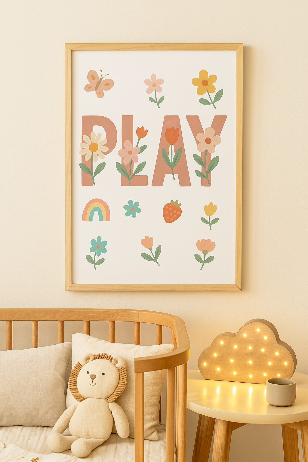 PLAY Playroom Wall Art – Floral Rainbow Print for Kids' Rooms or Nurseries