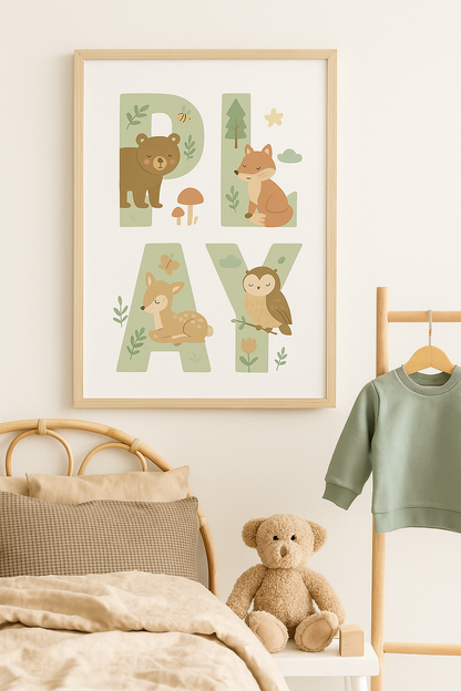 Woodland PLAY Nursery Print – Forest Animal Wall Art for Kids