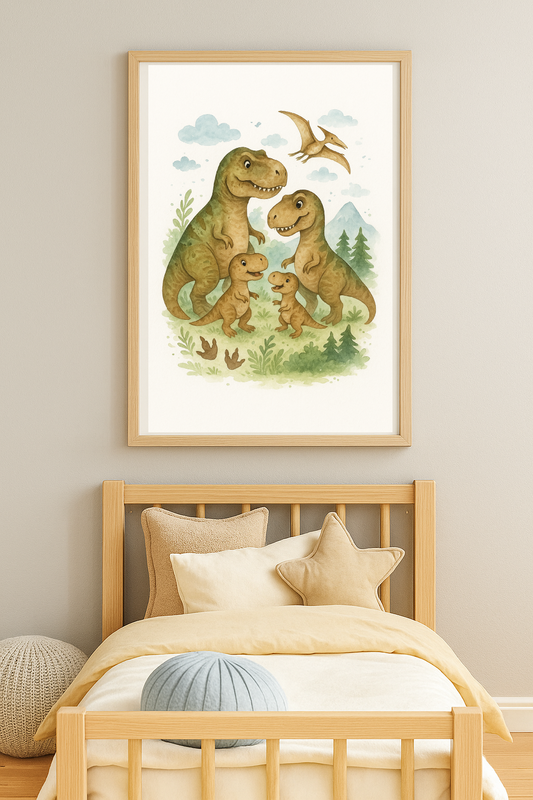 T-Rex Dinosaur Family Wall Art – Watercolour Nursery Print for Kids Room