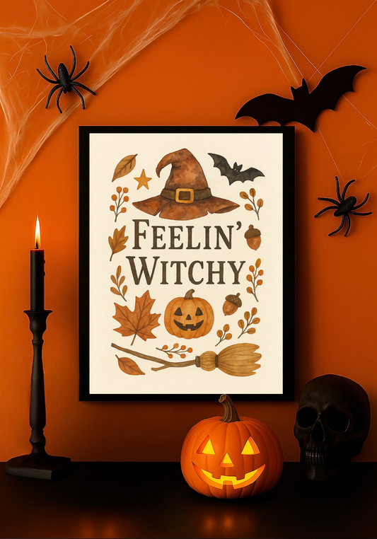 Feelin’ Witchy – Cute Witch Hat, Pumpkin & Broom Halloween Wall Art Print