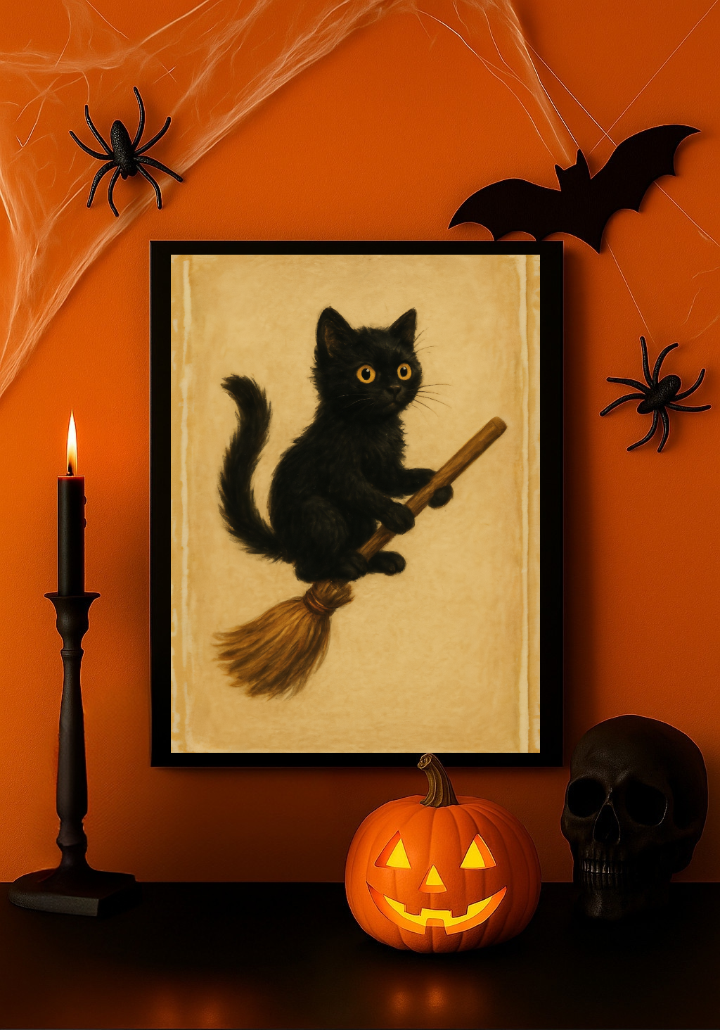 Black Cat Riding a Broomstick Vintage Halloween Wall Art