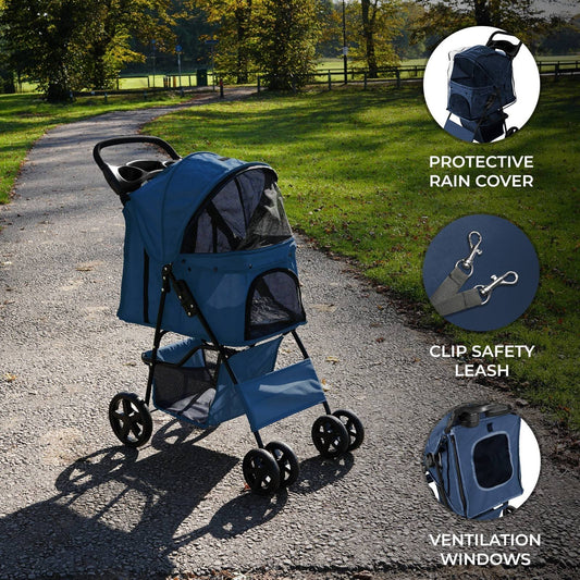 Pet Stroller with Rain Cover Navy Blue