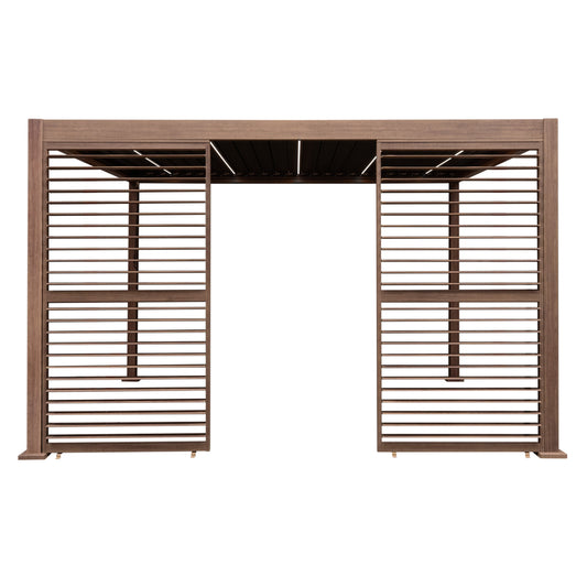 Wood Effect Aluminium Pergola With LED Lights & 2 x Side Panels - 4m x 3m