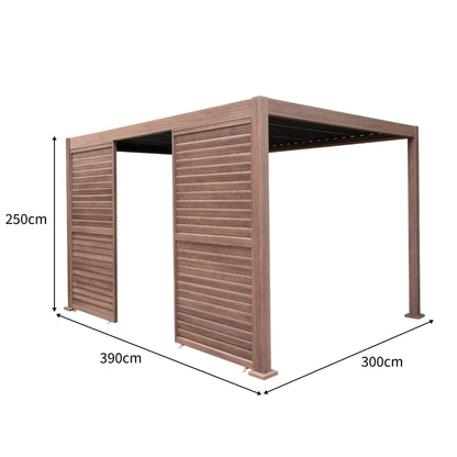 Wood Effect Aluminium Pergola With LED Lights & 2 x Side Panels - 4m x 3m