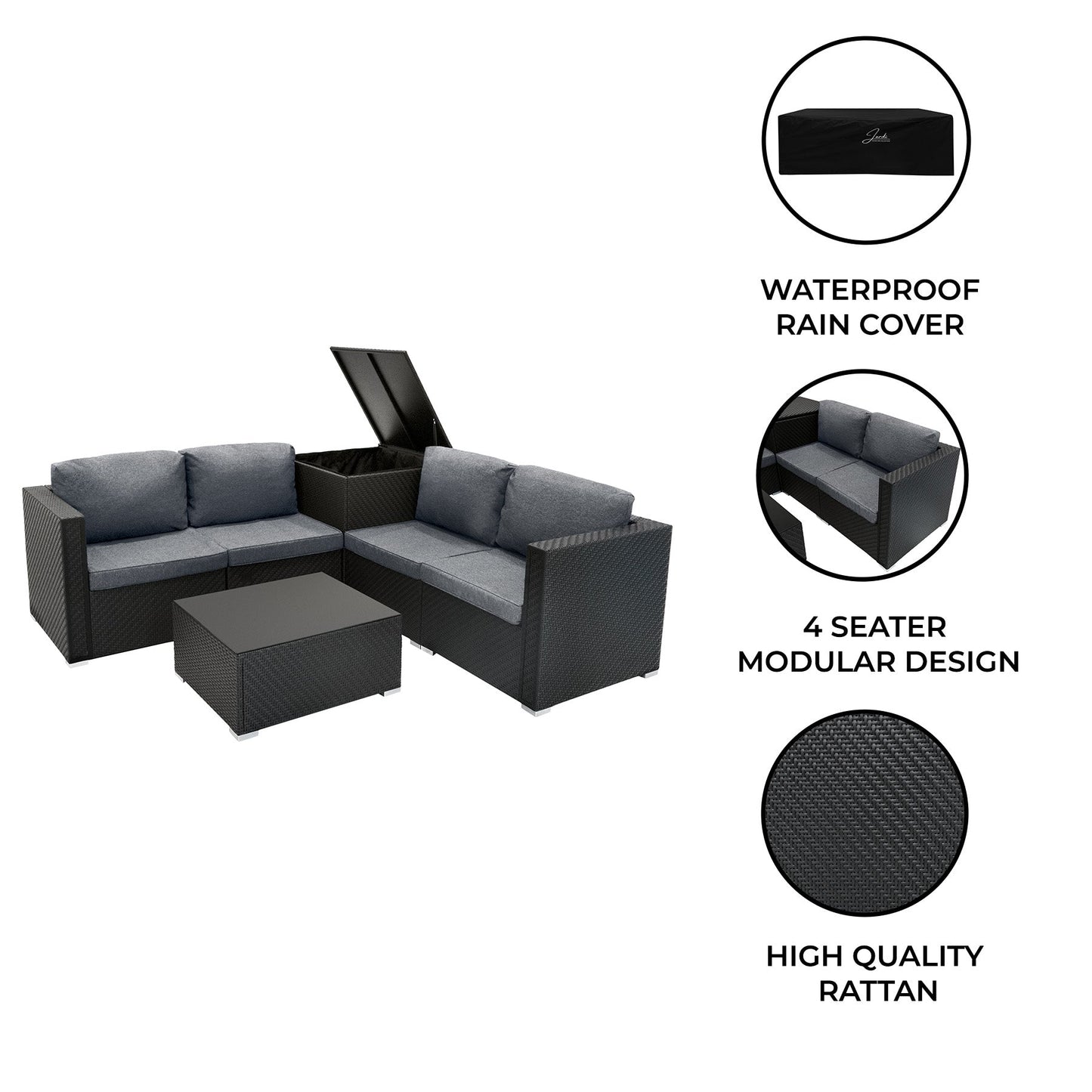 Rattan Modular 6 Piece Furniture Set Black