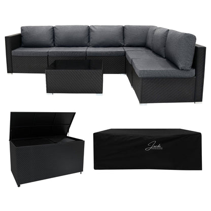 Rattan Modular 7 Piece Furniture Set & 700L Storage Box - Black