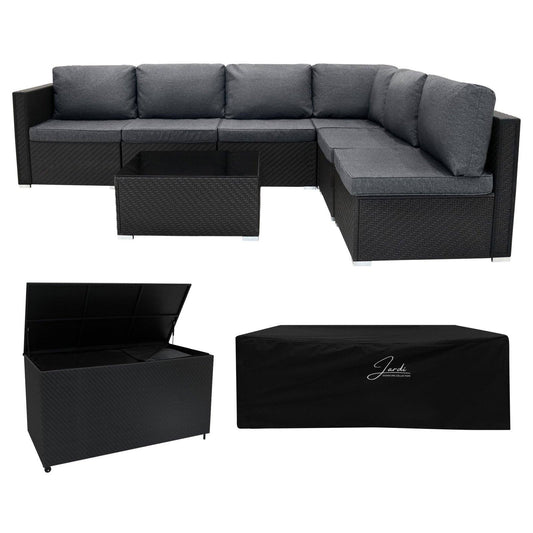 Rattan Modular 7 Piece Furniture Set & 700L Storage Box - Black