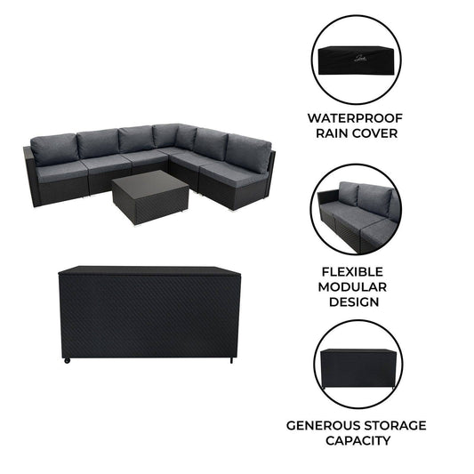 Rattan Modular 7 Piece Furniture Set & 700L Storage Box - Black