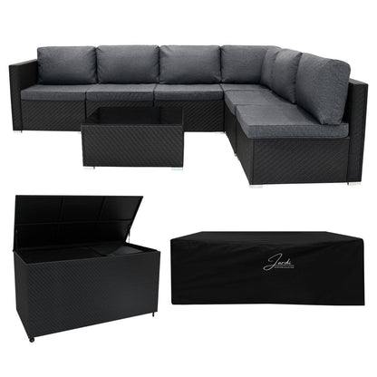 Rattan Modular 7 Piece Furniture Set & 996L Storage Box - Black
