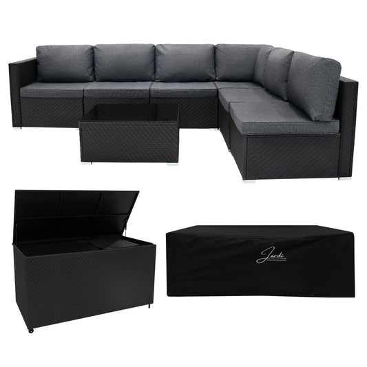 Rattan Modular 7 Piece Furniture Set & 996L Storage Box - Black