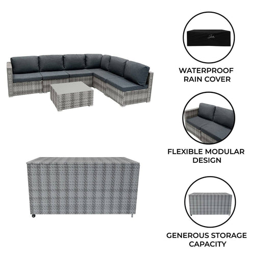 Rattan Modular 7 Piece Furniture Set & 700L Storage Box - Grey