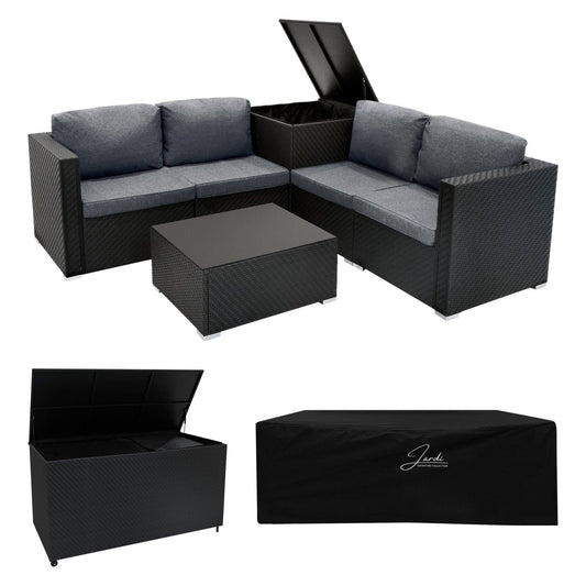 Rattan Modular 6 Piece Furniture Set & 700L Storage Box Black