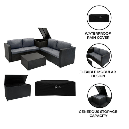 Rattan Modular 6 Piece Furniture Set & 700L Storage Box Black