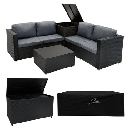 Rattan Modular 6 Piece Furniture Set & 996L Storage Box Black