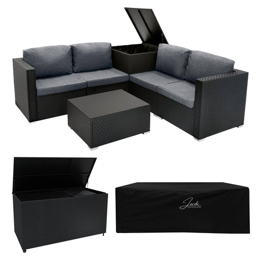 Rattan Modular 6 Piece Furniture Set & 996L Storage Box Black