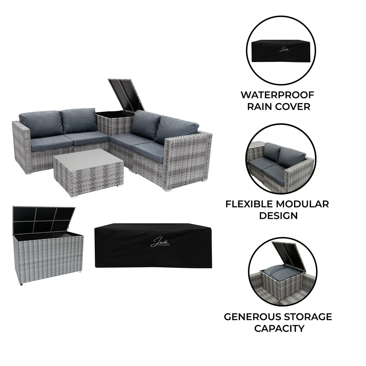 Rattan Modular 6 Piece Furniture Set & 700L Storage Box Grey