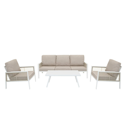 Aluminium 4 Piece Sofa Set with Black Rattan Storage Box - White