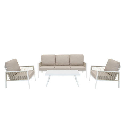 Aluminium 4 Piece Sofa Set with Black Rattan Storage Box - White