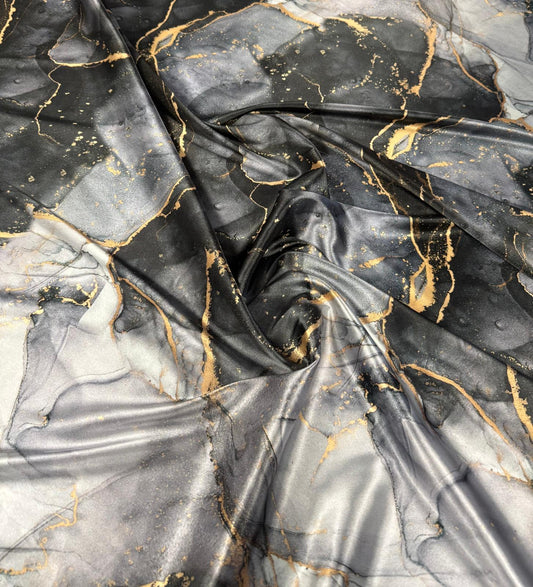 Gray Tie Dye Fabric with Gold Accents – Custom Printed Fabric on Satin, Crepe, Spandex or Chiffon