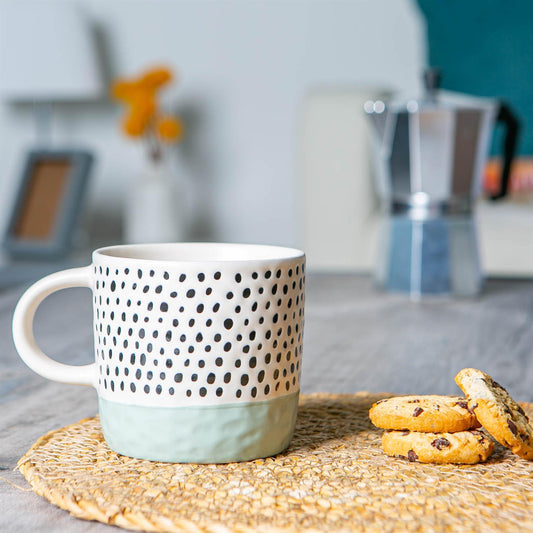 385ml Blue Colour Block Spot Portuguese Stoneware Coffee Mugs - Pack of Six