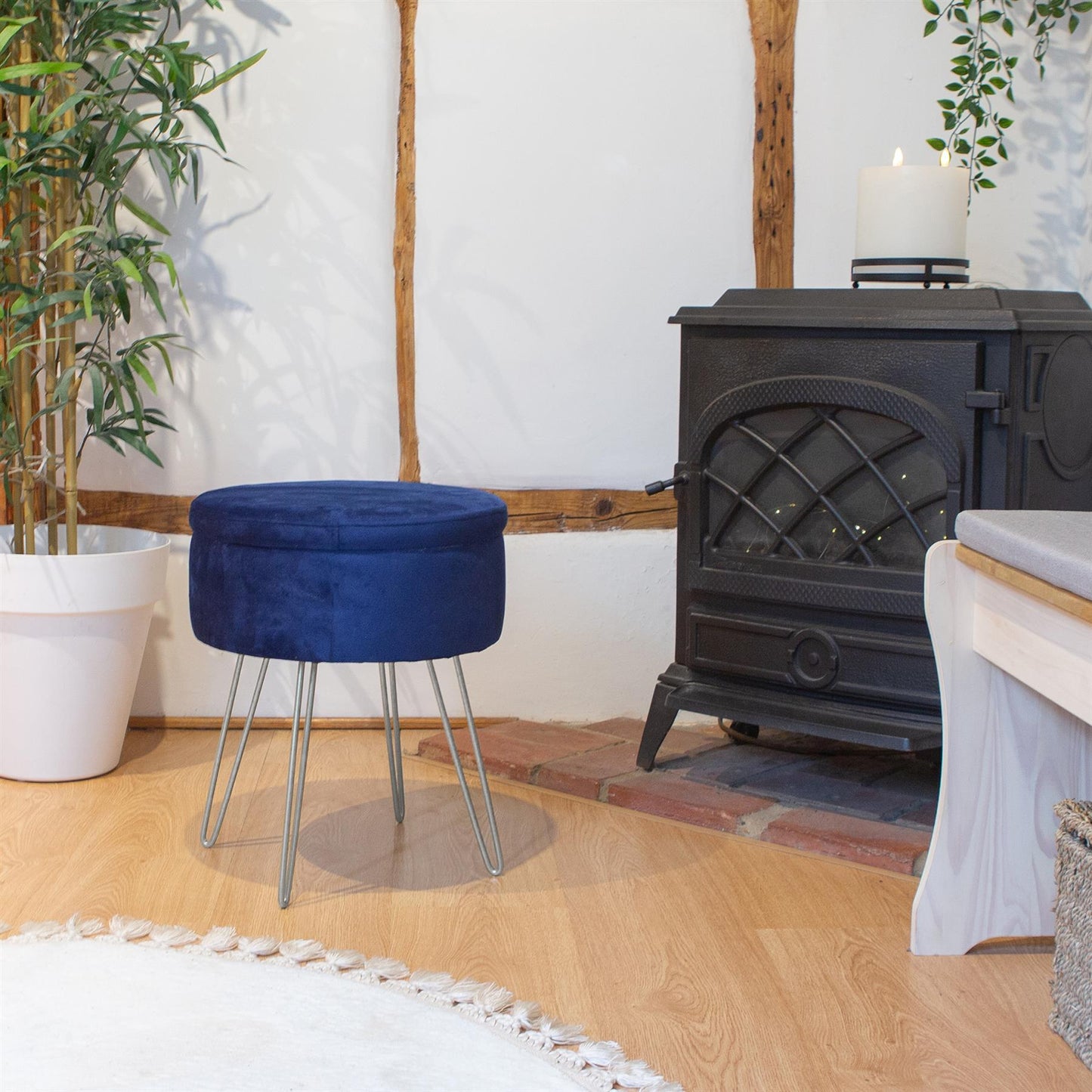 Blue Round Velvet Storage Footstool