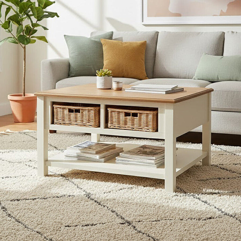 Dorset Cream Coffee Table with Rattan Storage Baskets