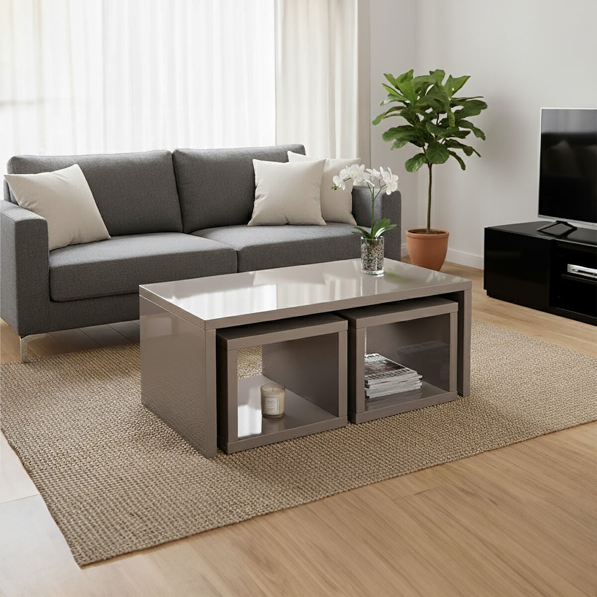 Madrid Dark Grey High Gloss Coffee Table With Two Under Tables