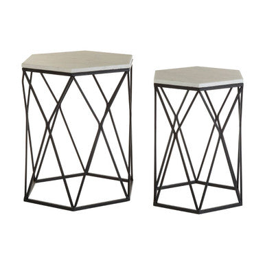 Arcana Marble and Black Metal Set Of Two Hexagonal Side Tables