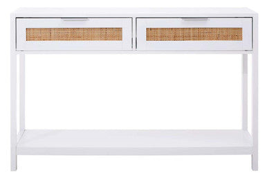 Sherman White Wood and Rattan Two Drawer Console Table