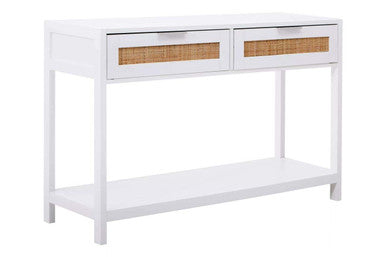 Sherman White Wood and Rattan Two Drawer Console Table