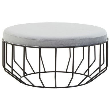 Hayes Round Grey Velvet and Black Metal Large Footstool