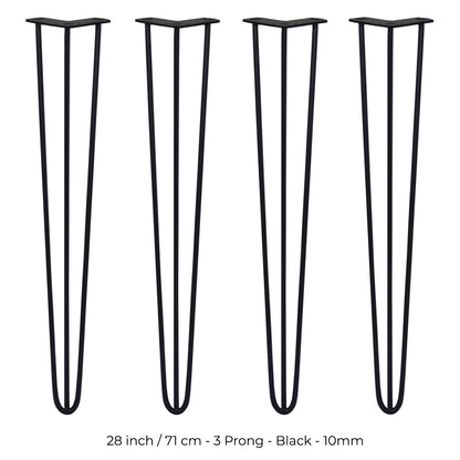 4 x 28" Hairpin Legs - 3 Prong - 10mm - Black
