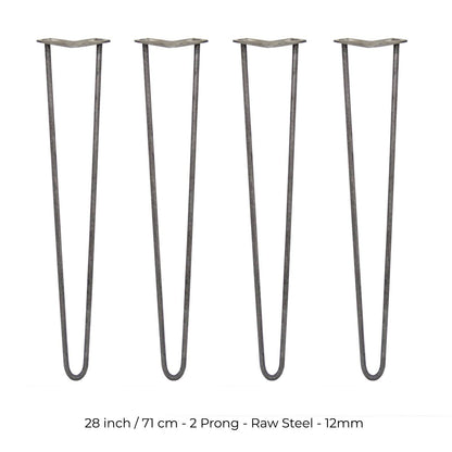 4 x 28" Hairpin Legs - 2 Prong - 12mm - Raw Steel