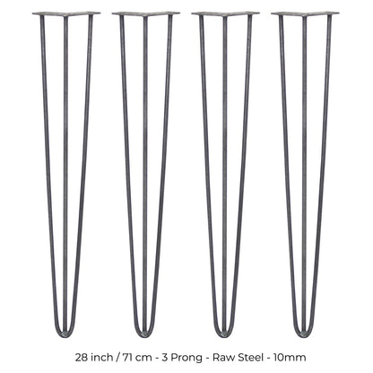 4 x 28" Hairpin Legs - 3 Prong - 10mm - Raw Steel
