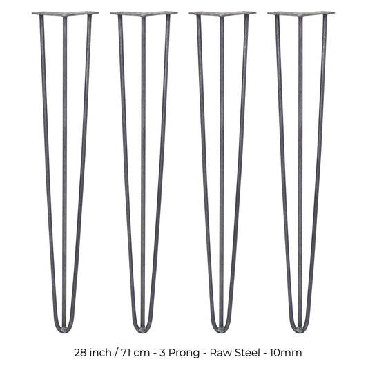 4 x 28" Hairpin Legs - 3 Prong - 10mm - Raw Steel