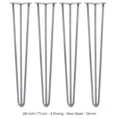 4 x 28" Hairpin Legs - 3 Prong - 12mm - Raw Steel
