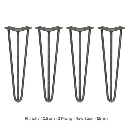 4 x 16" Hairpin Legs - 3 Prong - 12mm - Raw Steel