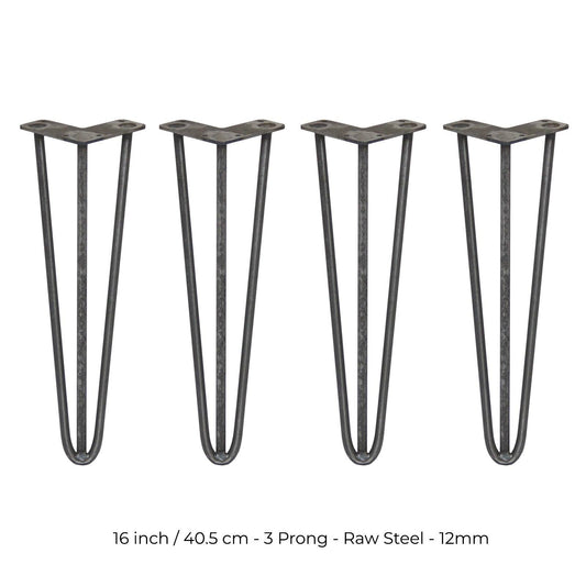 4 x 16" Hairpin Legs - 3 Prong - 12mm - Raw Steel
