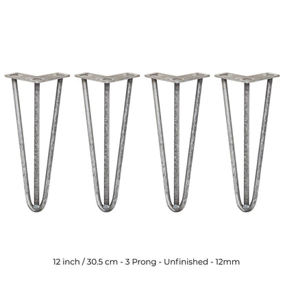 4 x 12" Hairpin Legs - 3 Prong - 12mm - Raw Steel