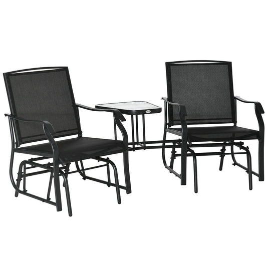 Garden Double Glider Rocking Chairs Metal Gliding Love Seat with Middle Table Conversation Set Patio Backyard Relax Outdoor Furniture Black