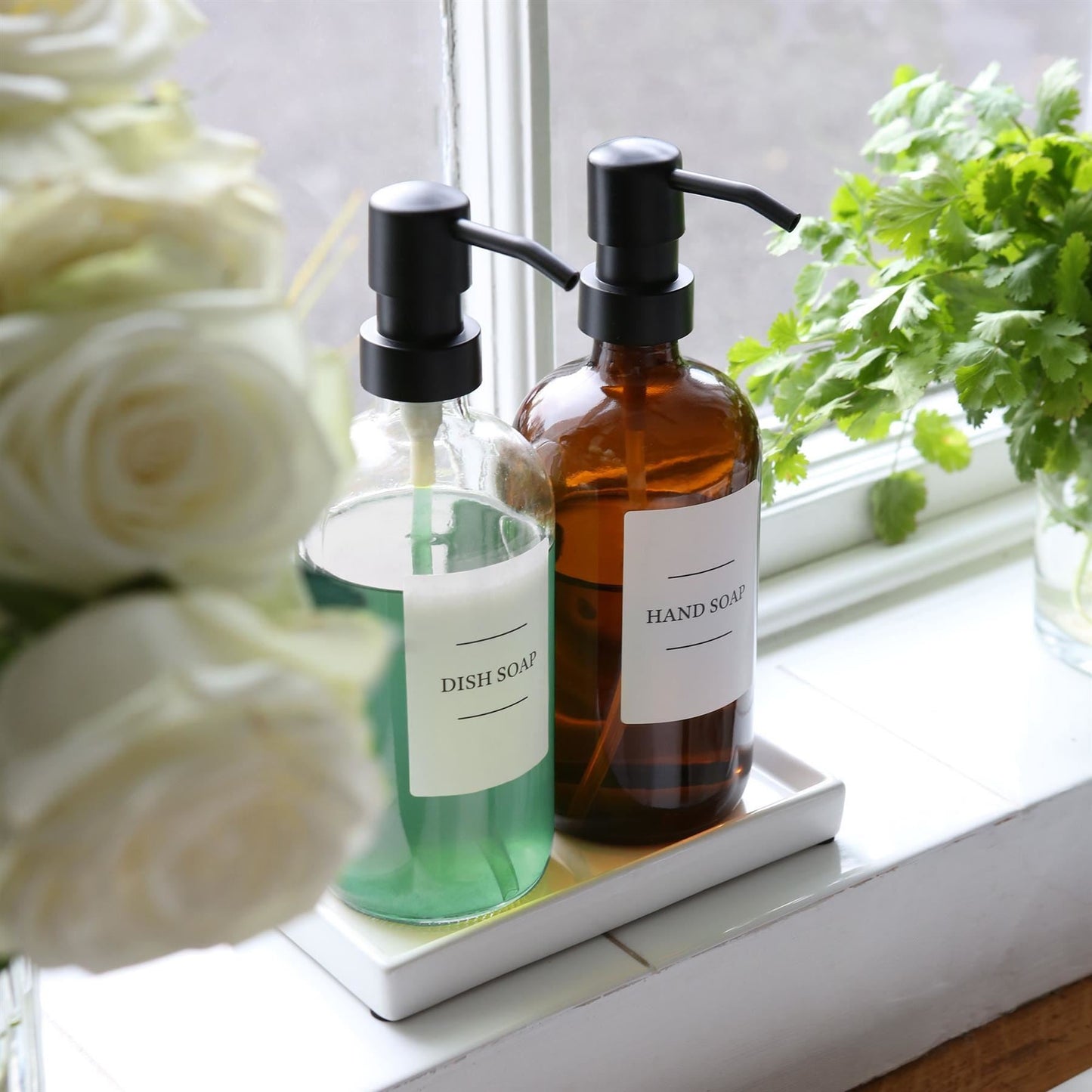 2pc 500ml Glass Soap Dispenser with White Labels & Ceramic Tray