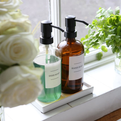 2pc 500ml Glass Soap Dispenser with White Labels & Ceramic Tray