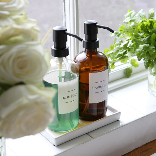 2pc 500ml Glass Soap Dispenser with White Labels & Ceramic Tray