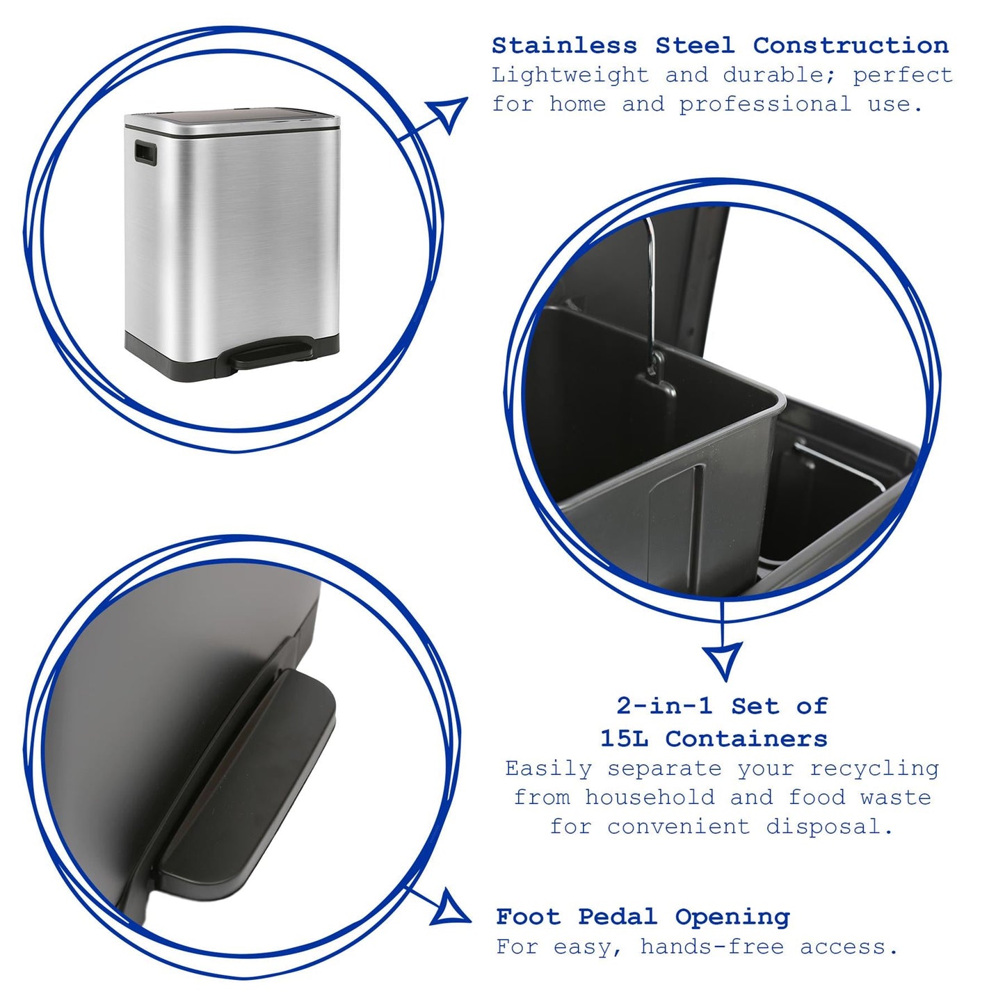 30L (2 x 15L) Stainless Steel Double Kitchen Pedal Bin