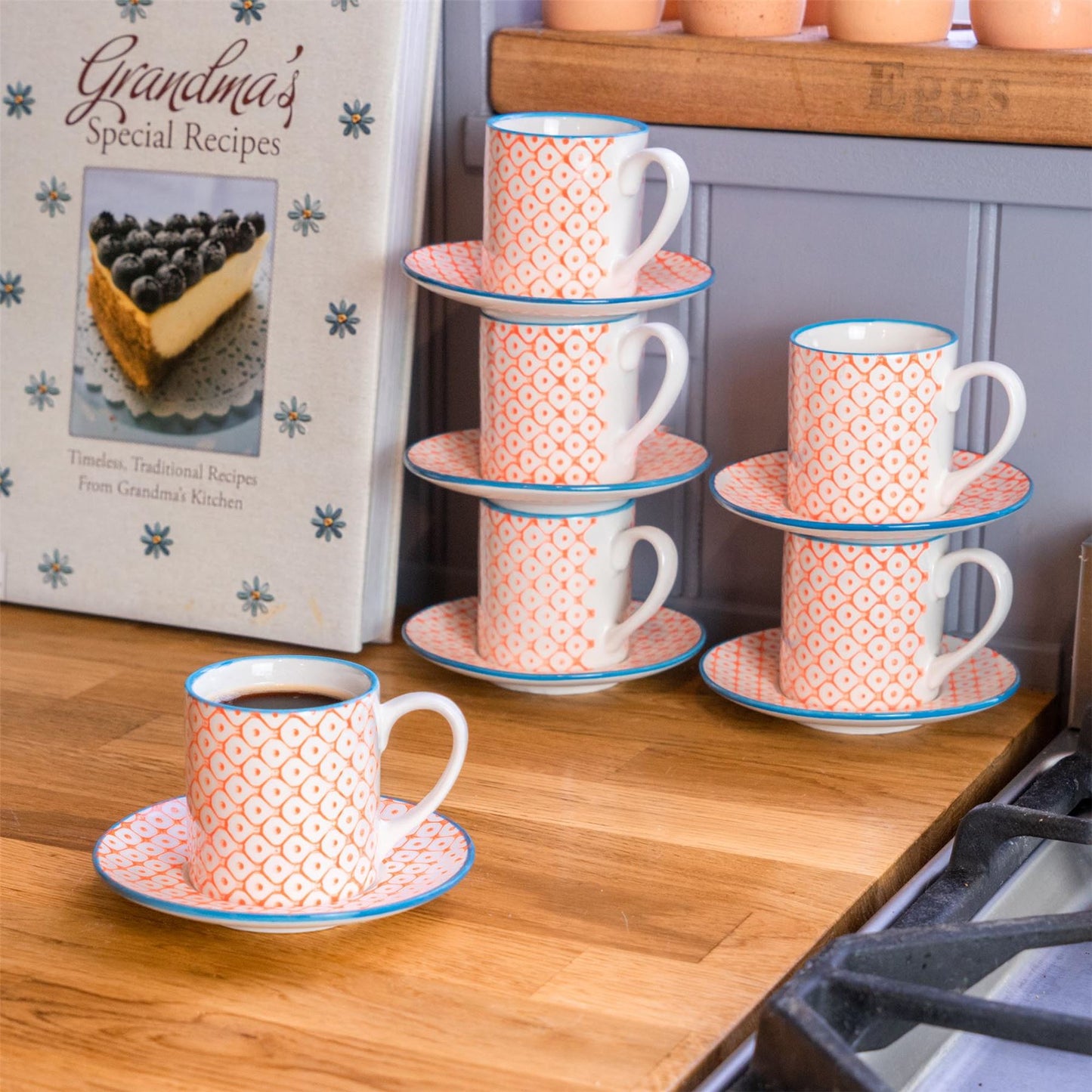 12pc 65ml Hand-Printed Stoneware Orange Espresso Cup & Saucer Set