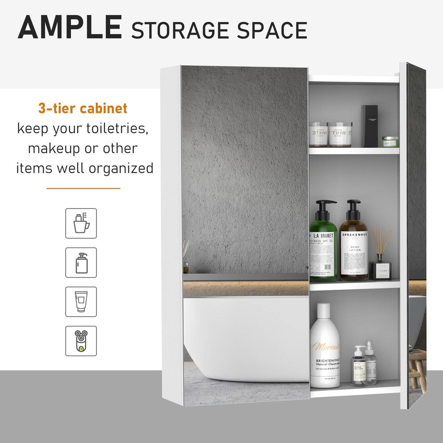 Wall Mount Mirror Cabinet Wood Bathroom Storage Shelf Double Door Cupboard Adjustable 60Wx15Dx75H cm