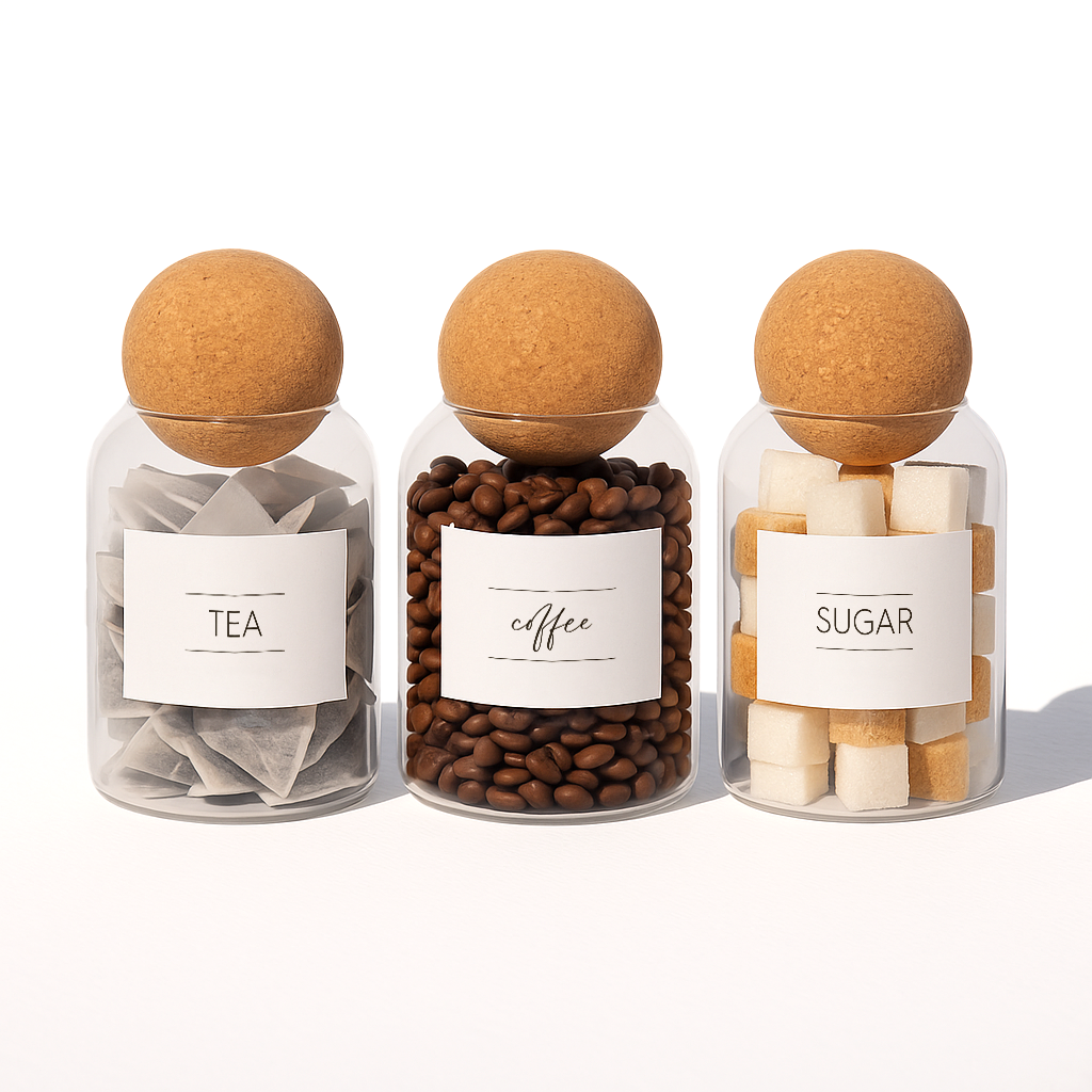 Cork Ball Glass Tea Coffee Sugar Jars Set