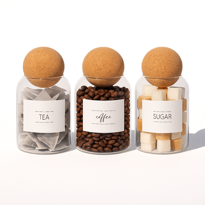 Cork Ball Glass Tea Coffee Sugar Jars Set